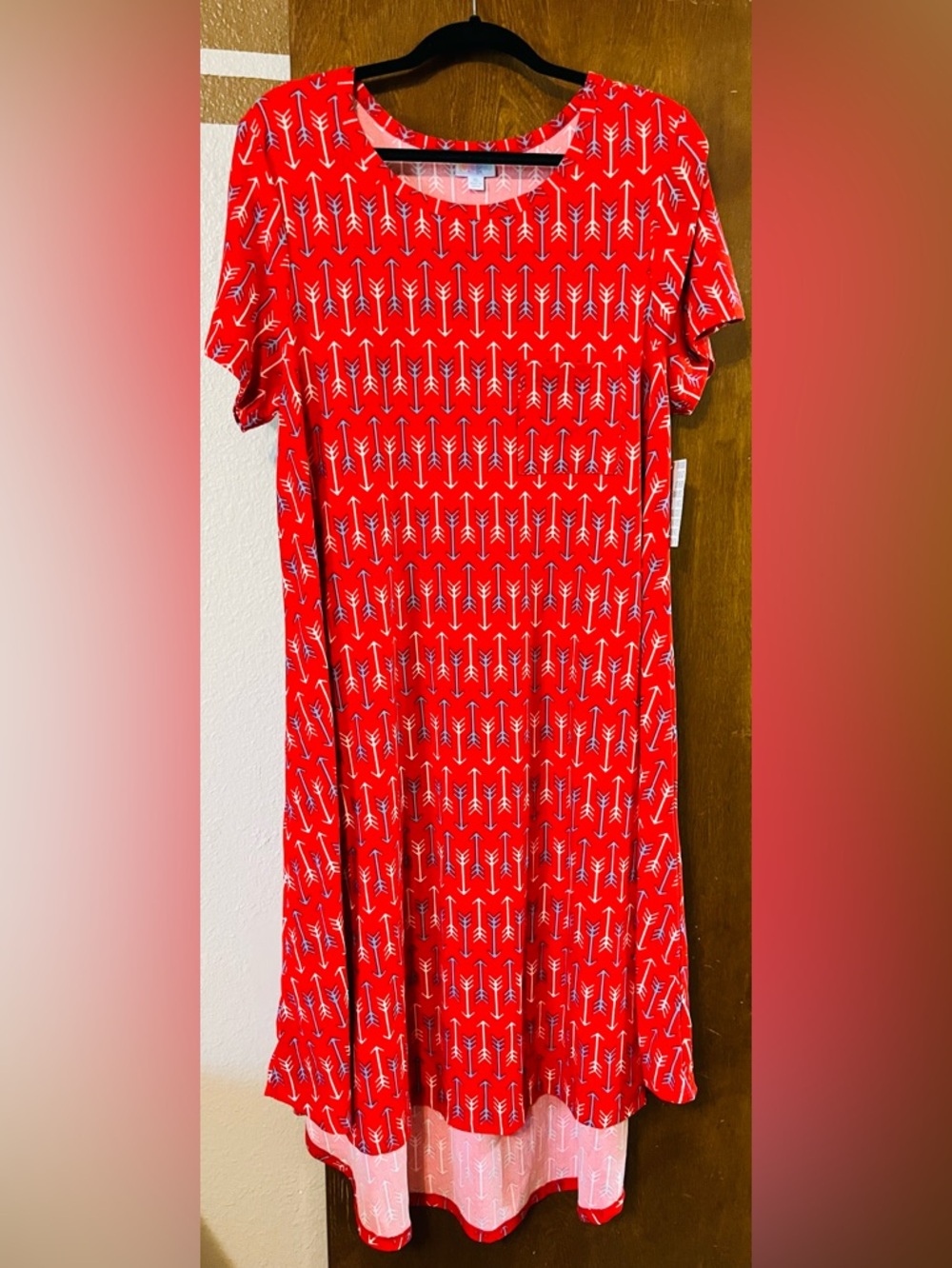 LuLaRoe Carly Bright Red Dress with White Arrow Print